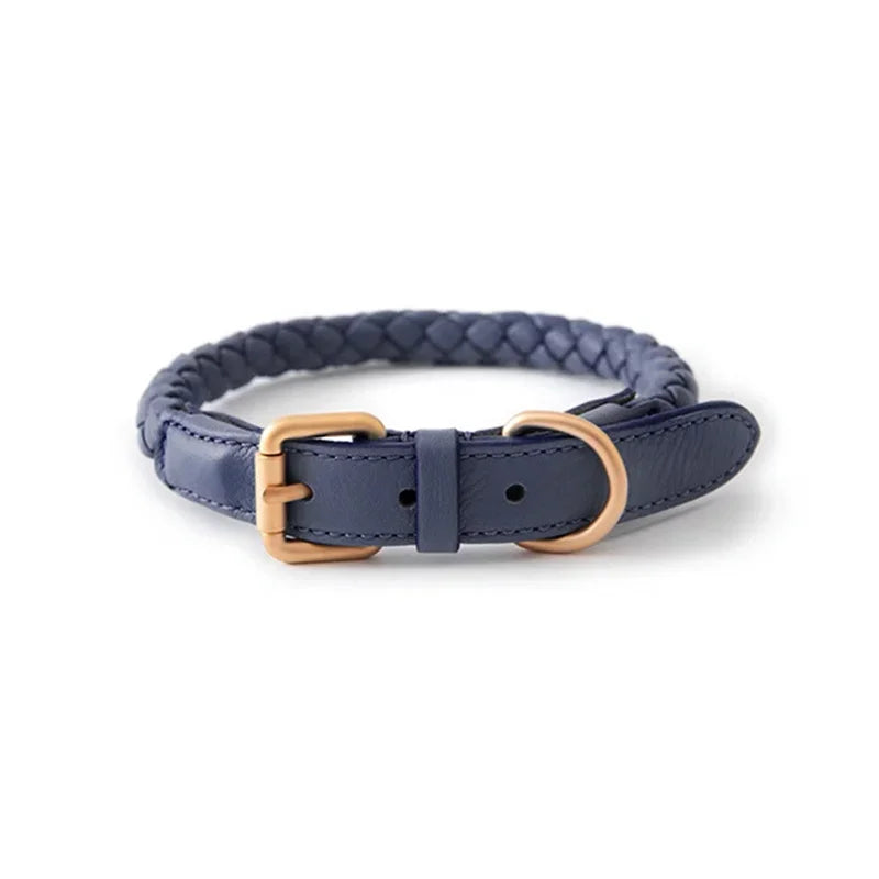 Collier chien cuir rond bleu fonce