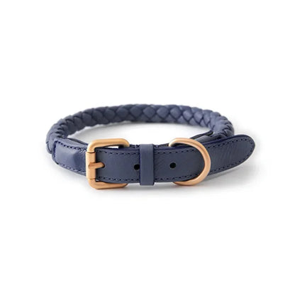 Collier chien cuir rond bleu fonce