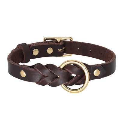 Collier chien cuir tressé brun 