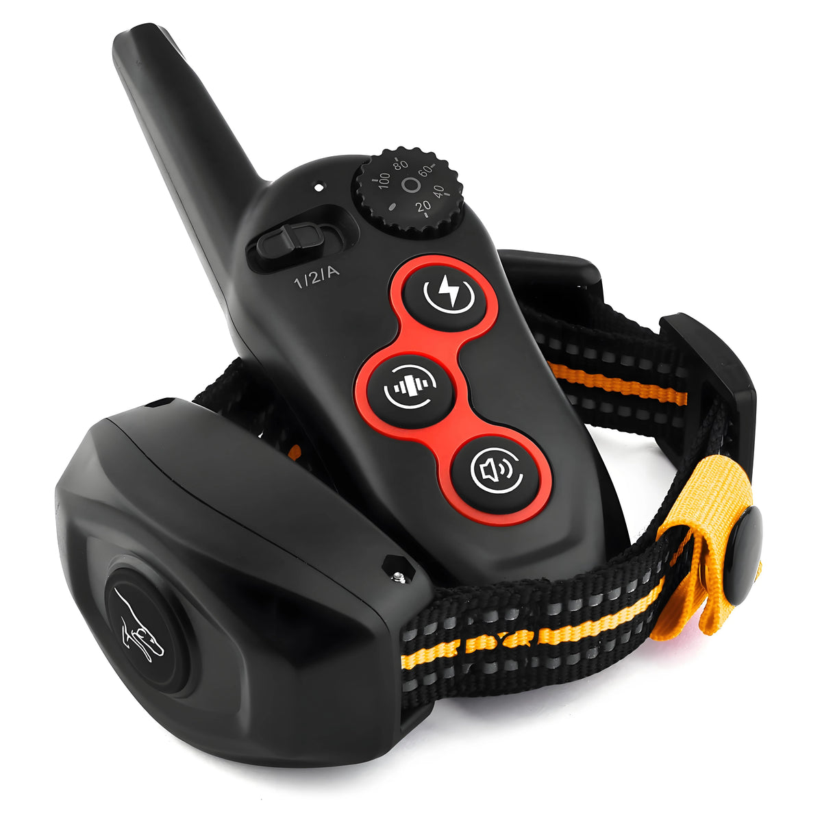 collier électrique de dressage pour chien de couleur orange et noir. Parfait pour dresser votre chien avec plusieurs modes. Image produit Boutiquechien