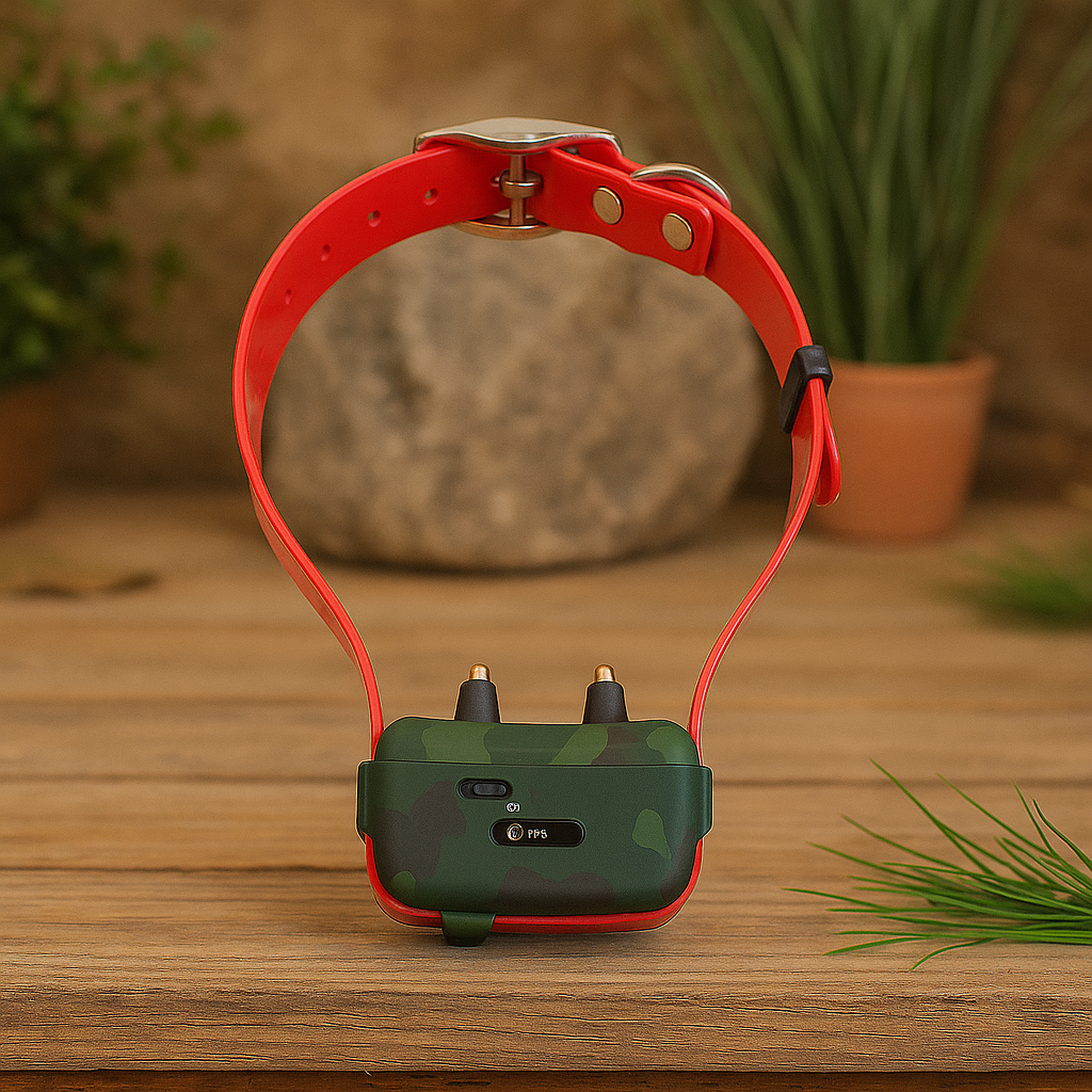 Collier chien de couleur rouge et militaire. Le collier est posé par terre avec en fond un caillou et des plantes vertes. Image produit Boutiquechien Image