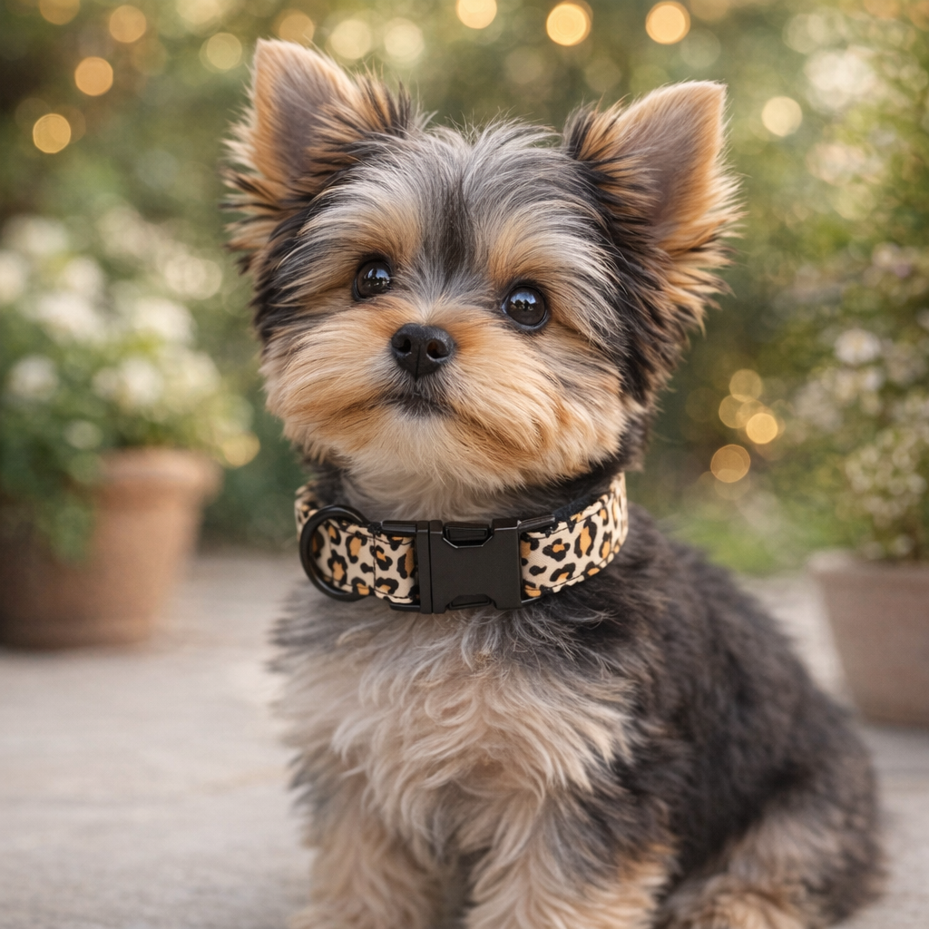 Collier chien leopard sur un petit chien claire 