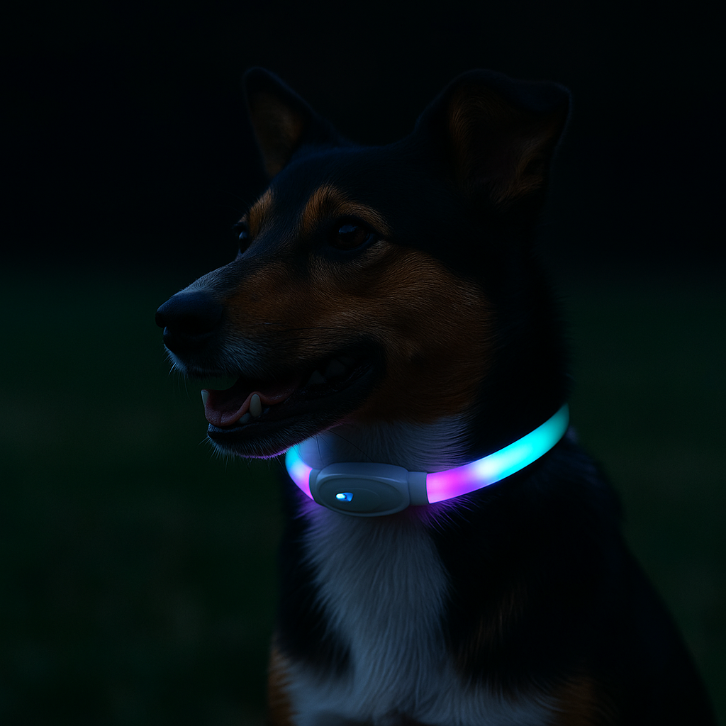 chien portant un collier lumineux. Le chien est assis et porte le collier de couleurs bleu et rose. Image produit Boutiquechien
