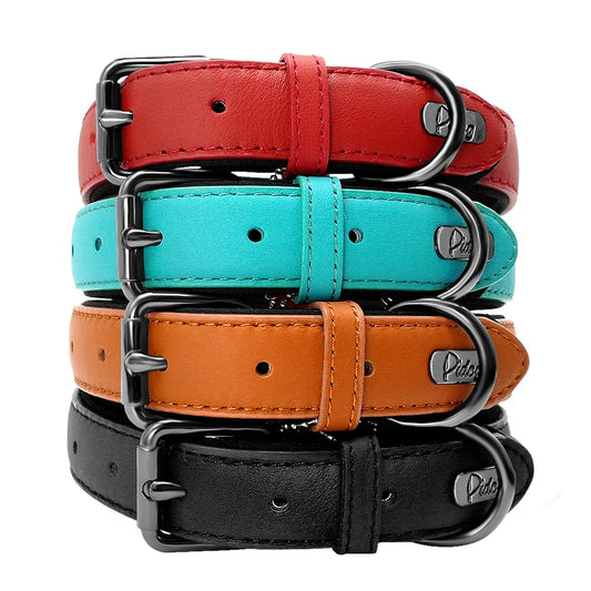 collier en cuir pour chien réglable de plusieurs couleurs. Rouge, bleu, brun et noir sont les couleurs du collier chien réglable de Boutiquechien