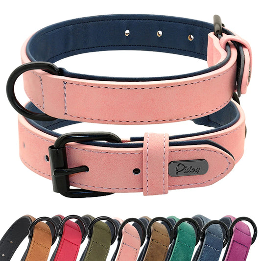 Collier chien style cuir de couleurs, rose, brun, rouge, khaki, vert, bleu et violet. Image produit Boutiquechien