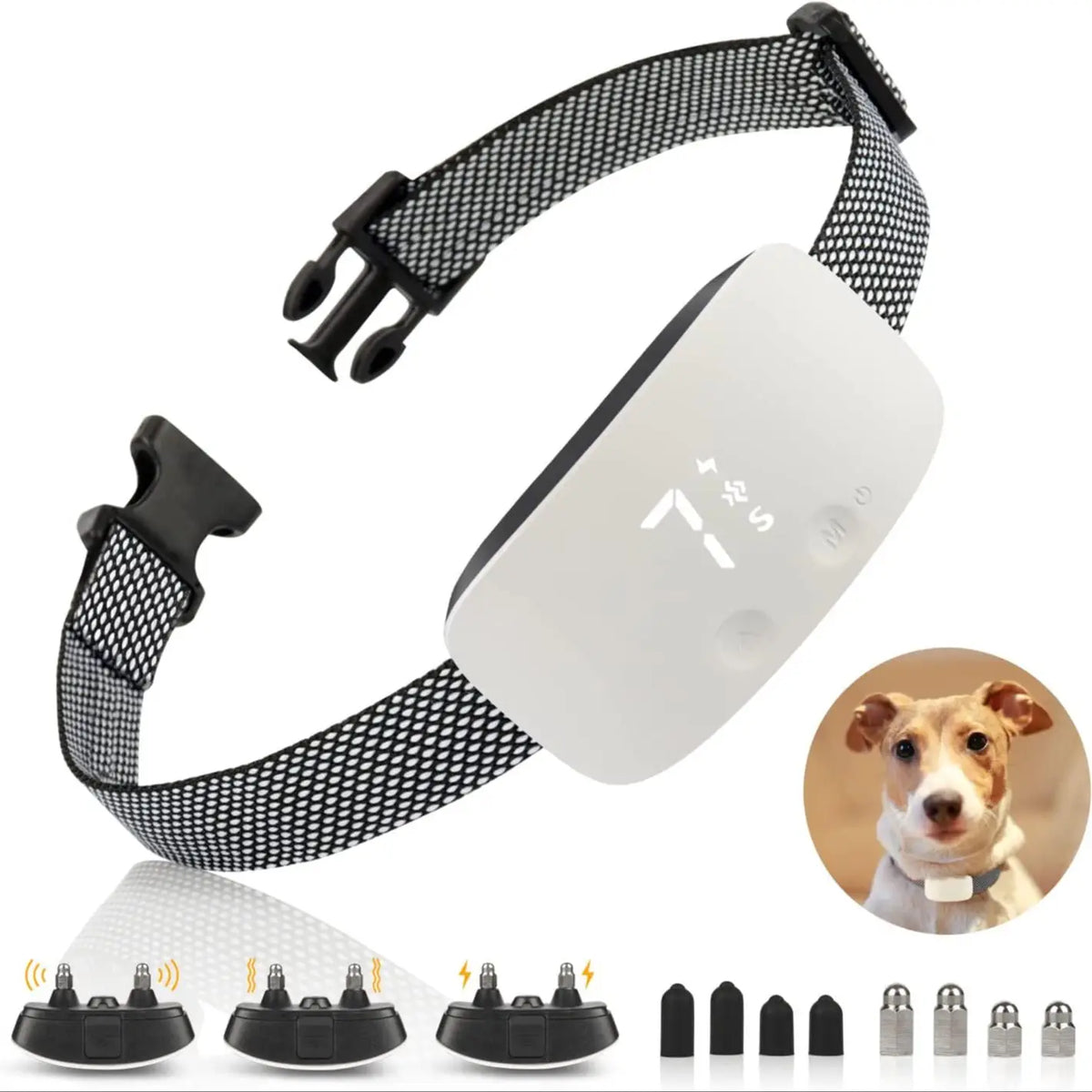 collier pour chien anti-aboiement blanc de plusieurs modes. Image produit Boutiquechien