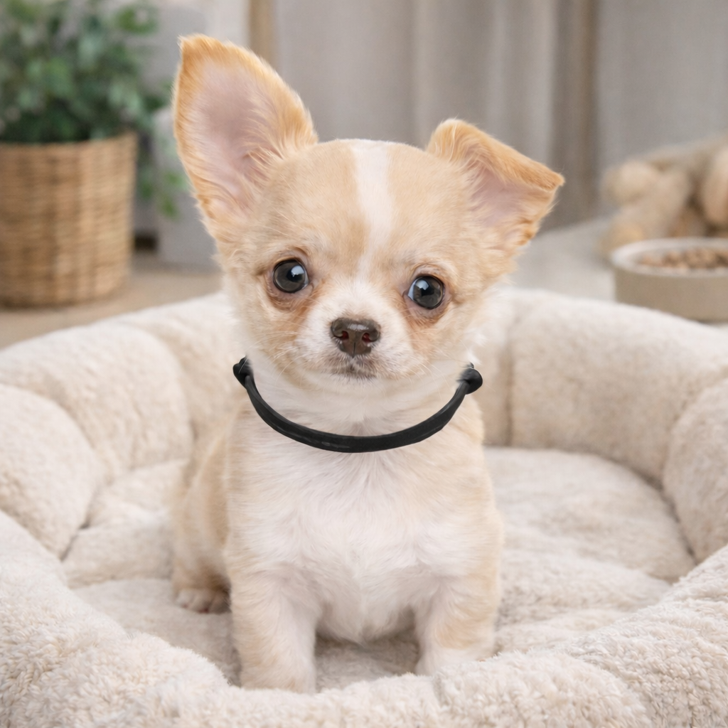 Collier chiot naissance sur un petit chihuahua blanc avec un collier naissance noir