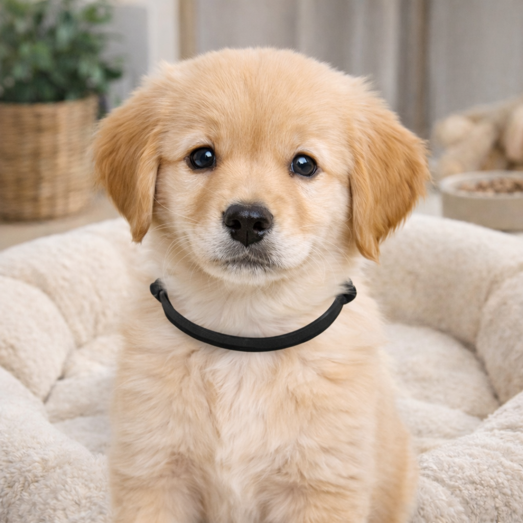 Collier chiot naissance sur un petit chiot blanc dans un panier claire pour chien Image