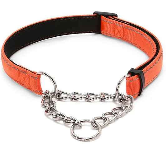 collier étrangleur chien de couleur orange résistant et confortable. Collier en maillon gris pour chien. Image produit Boutiquechien