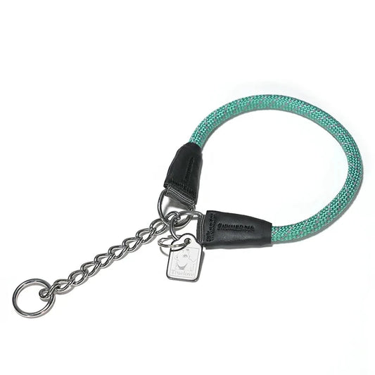 collier étrangleur chien de couleur vert. Le collier est en nylon résistant avec une chaine qui réunis les deux bouts en métal. Image produit de Boutiquechien