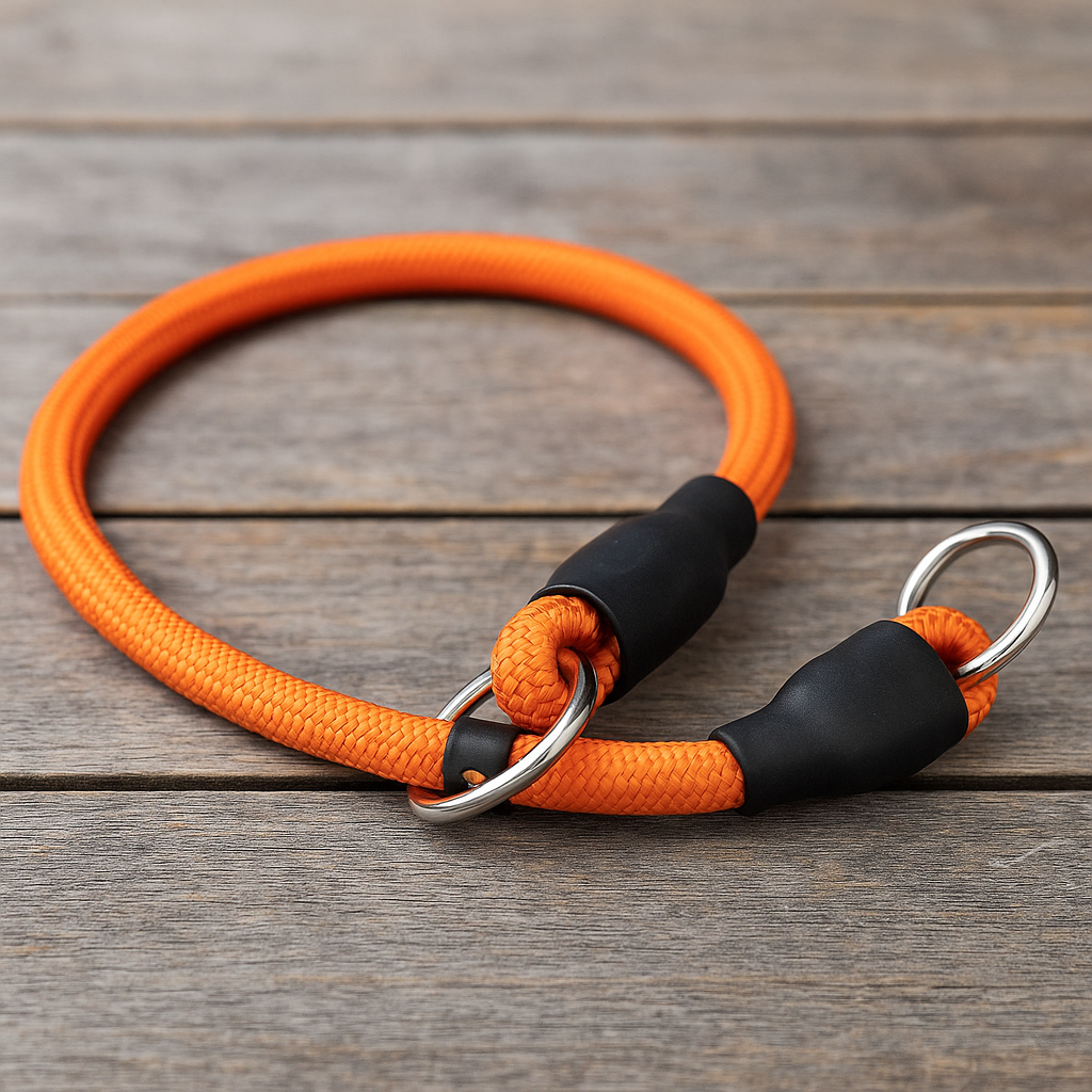 collier chien étrangleur orange posé sur des lattes en bois. Image produit Boutiquechien