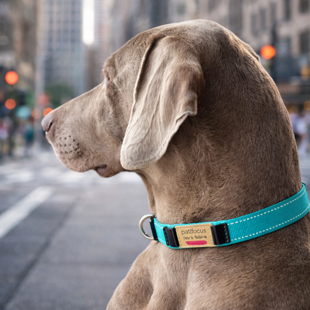 Collier identification chiot sur un chien gris dans la rue