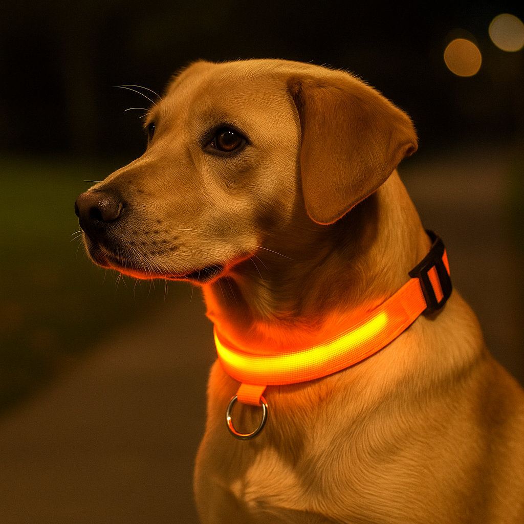 Collier chien de couleur orange à led. Le chien est assis dans la nuit en portant le collier. Image produit Boutiquechien