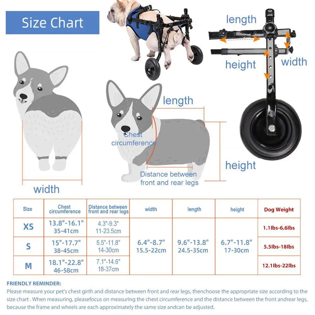 Total des dimensions du chariot pour chien de couleur beu et noir pour petit chien de boutiquechien
