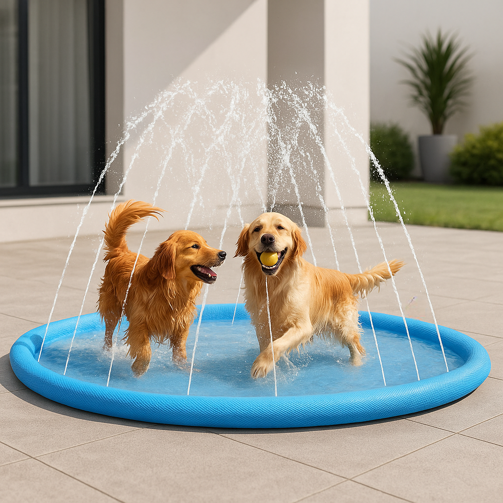 Golden retriever blanc et un chien roux jouant sur le tapis à jet d'eau de couleur bleu. Les deux chiens jouent sur une terrasse découpeur claire. Image produit Boutiquechien