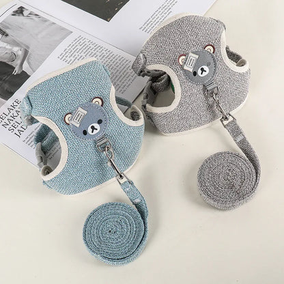 Deux Harnais chien de couleur gris et bleu avec ourson de couleur gris. Image produit Boutiquechien