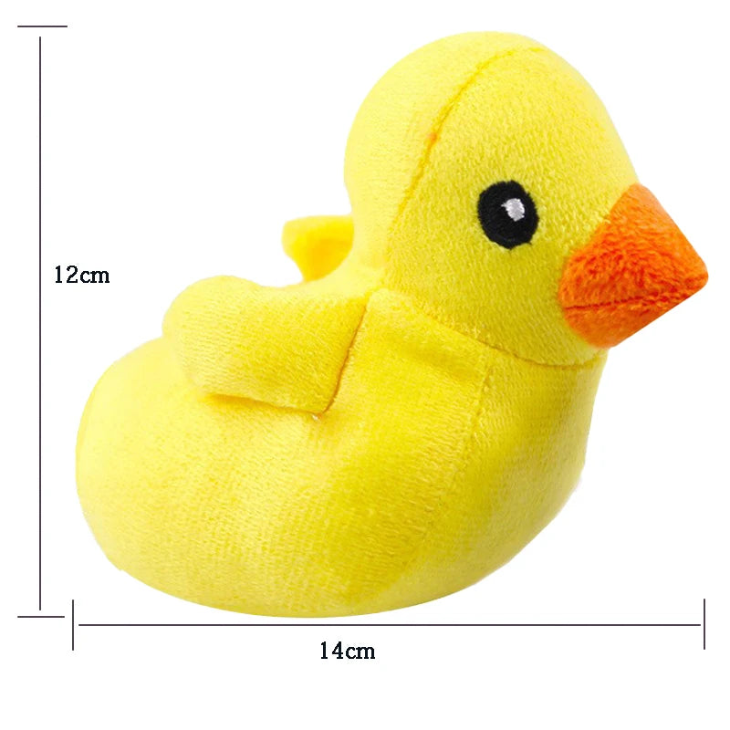 canard peluche de couleur jaune avec les dimensions de longueur et largeur de 14 et 12 cm de boutiquechien