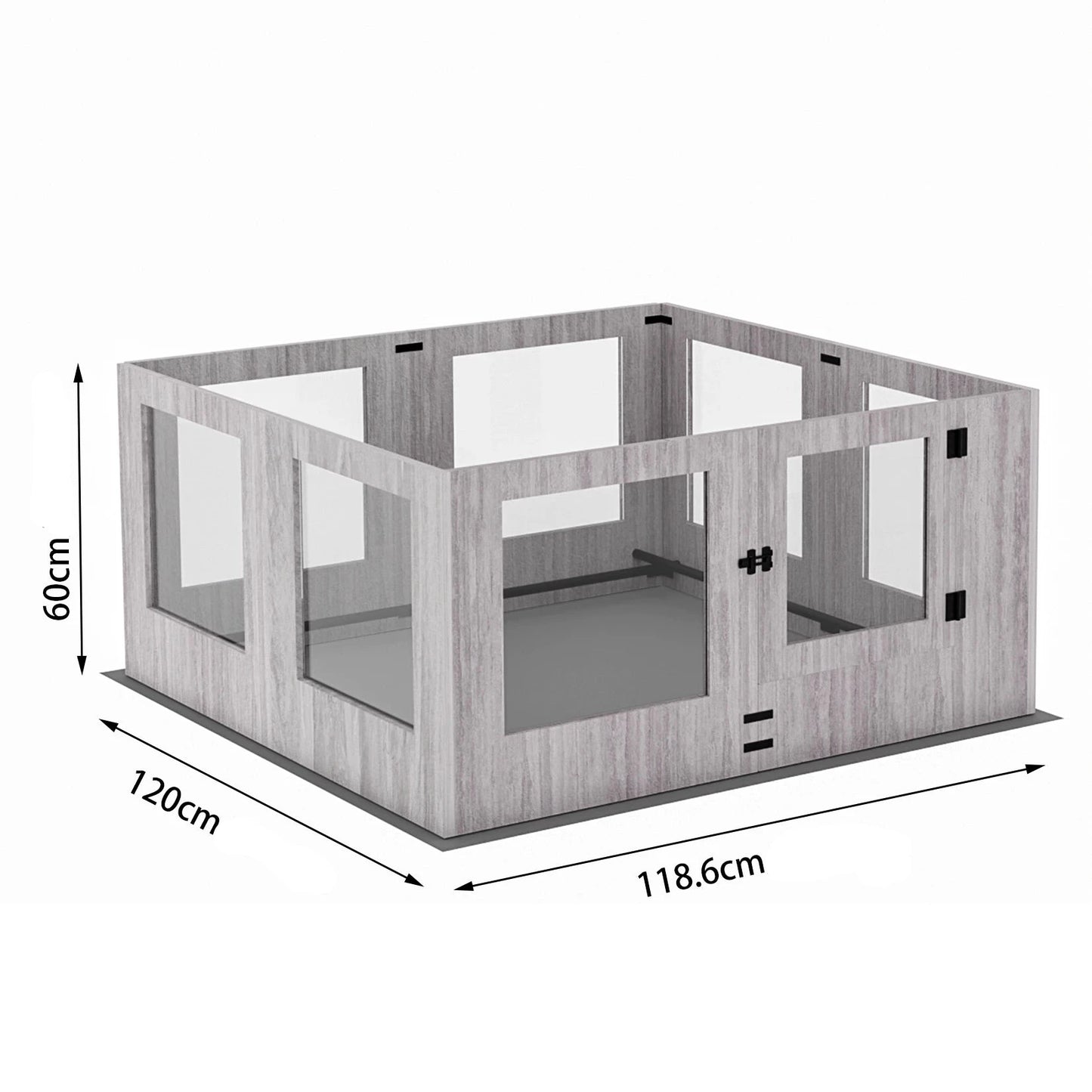 dimension total de la cage pour chien de couleur gris avec les dimensions total du produit. Image produit Boutiquechien