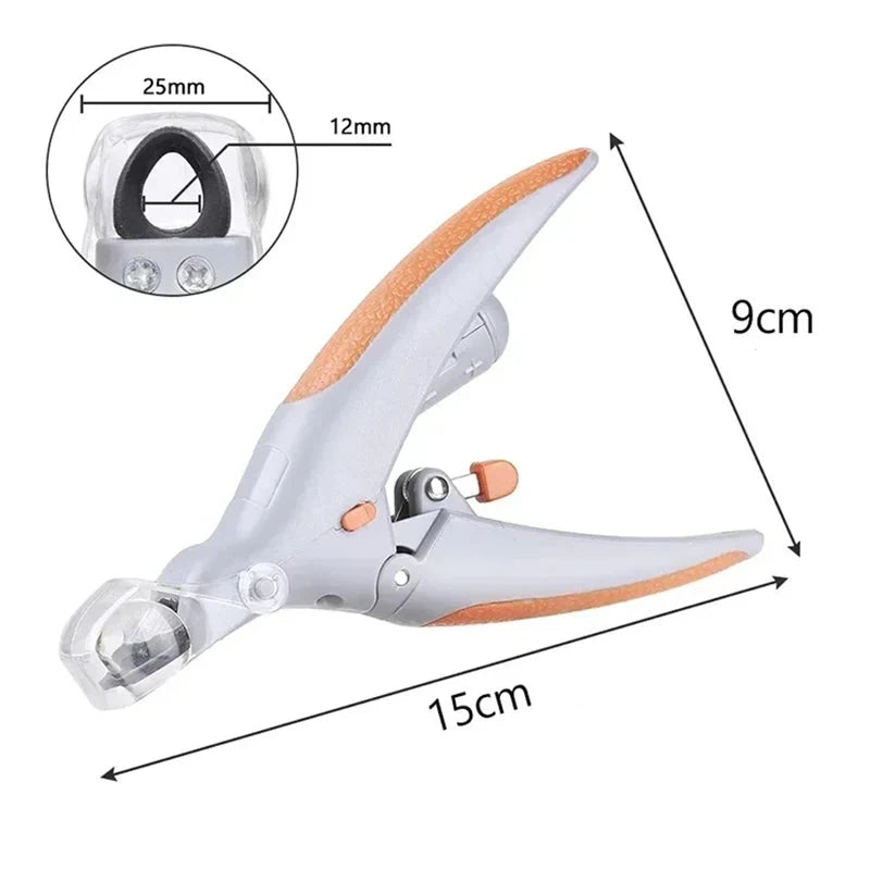 toutes les dimensions détaillés du coupe ongle pour chien de couleur orange et gris. Image produit Boutiquechien