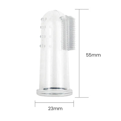 Dimensions total du doigt brosse a dent transparent de 55 mm de long sur 23mm de large. Image produit Boutiquechien