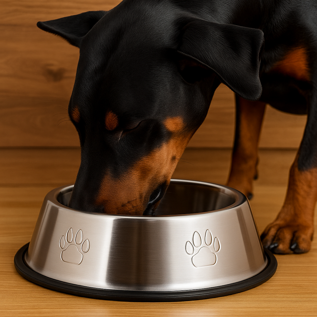 Doberman noir buvant de l'eau dans une gamelle en inox anti-dérapante de couleur noir sur un parquet. Image produit Boutiquechien Image