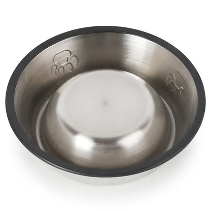 Dos de la gamelle anti-dérapante de couleur noir avec de l'inox. La gamelle à des imprimés pattes dessus. Image produit Boutiquechien