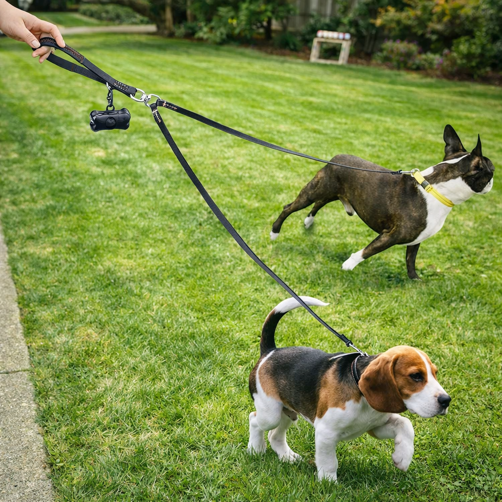 Double laisse pour chien tenant des chiens dans un parc vert