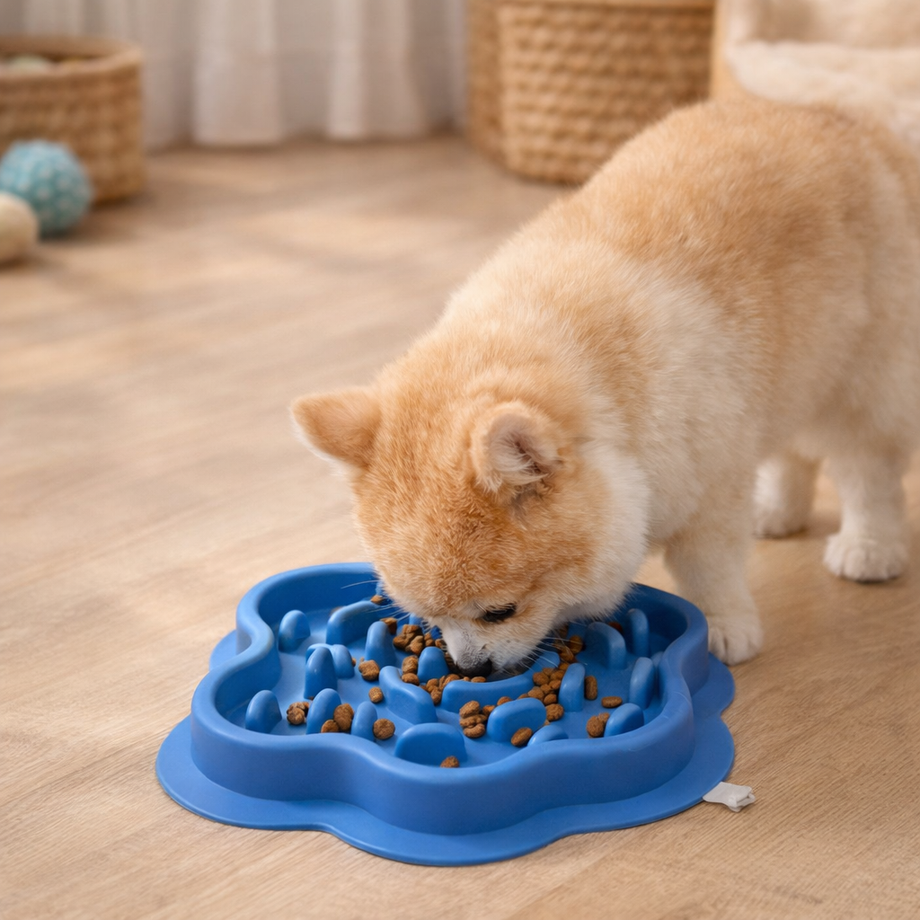 Gamelle anti glouton chien petite taille bleu fonce avec un chien mangeant dedans  Image
