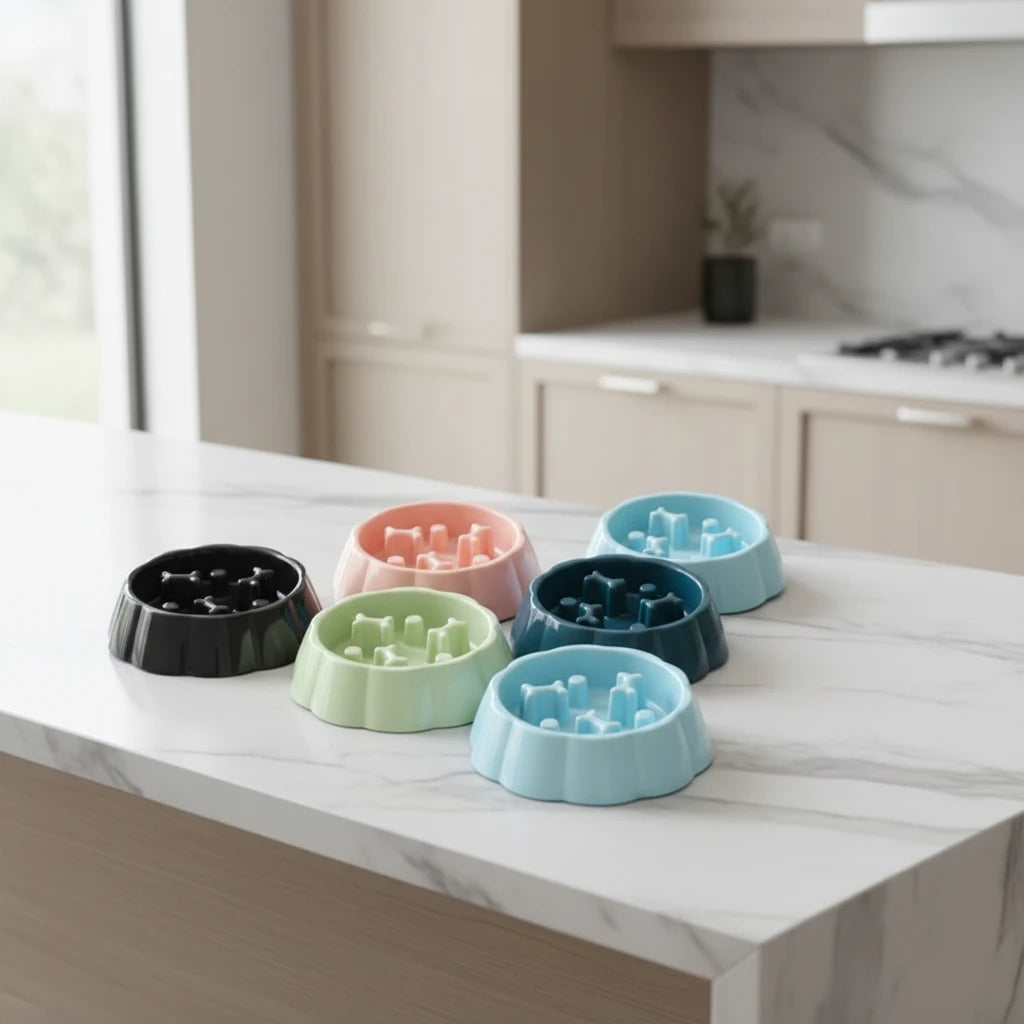 Gamelle pour les chiens anti-glouton posé dans une cuisine de couleur claire. Image produit Boutiquechien Image