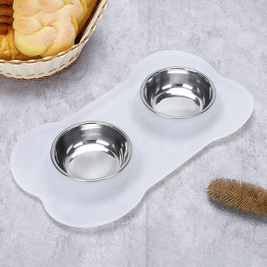 Gamelle double pour chien de couleur blanc avec deux gamelle inox. Image produit Boutiquechien