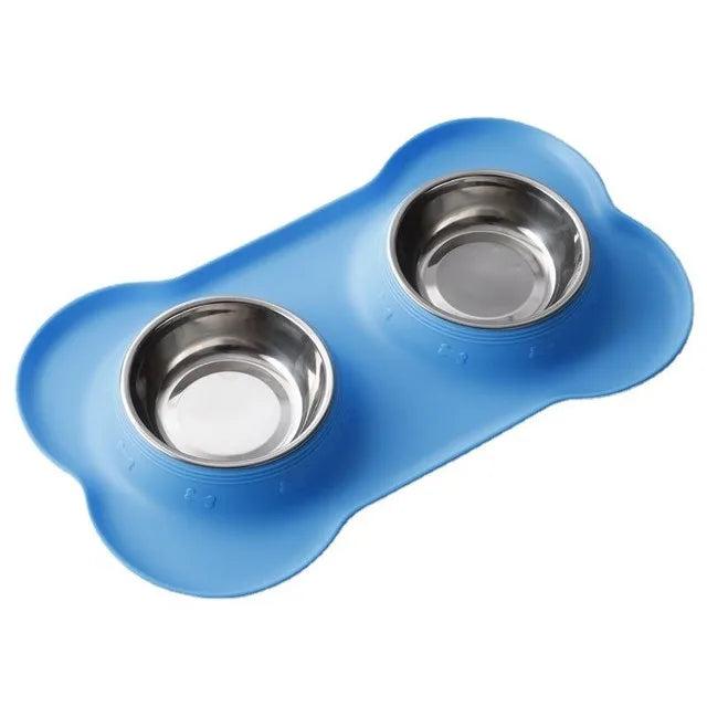 Gamelle double pour chien de couleur bleu avec deux gamelle inox. Image produit Boutiquechien