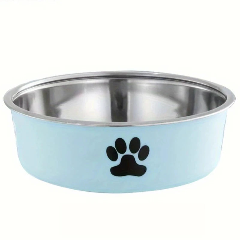 Gamelle pour chien anti-dérapante de couleur bleu avec une forme de patte noir. La gamelle est en inox. Image produit Boutiquechien