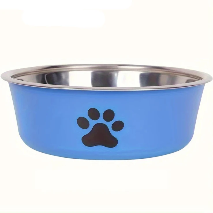 Gamelle pour chien anti-dérapante de couleur bleu foncé avec une forme de patte noir. La gamelle est en inox. Image produit Boutiquechien