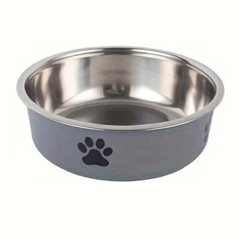 Gamelle pour chien anti-dérapante de couleur grise avec une forme de patte noir. La gamelle est en inox. Image produit Boutiquechien