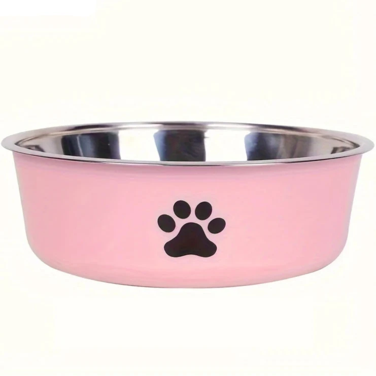 Gamelle pour chien anti-dérapante de couleur rose avec une forme de patte noir. La gamelle est en inox. Image produit Boutiquechien