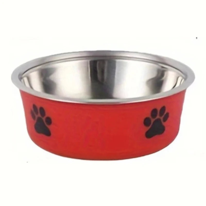 Gamelle pour chien anti-dérapante de couleur rouge avec une forme de patte noir. La gamelle est en inox. Image produit Boutiquechien