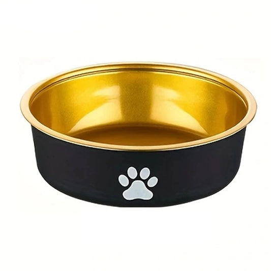 Gamelle pour chien noir et or anti-dérapante avec une patte blanche dessus. Image produit Boutiquechien