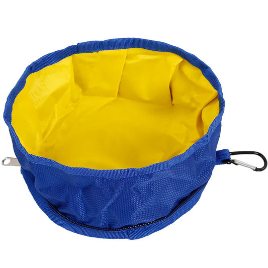 gamelle pour chien pliante de couleur bleu et jaune de boutiquechien