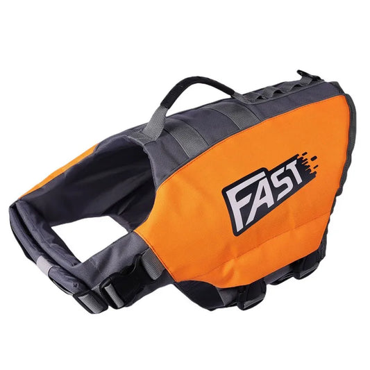 Gilet pour chien de sauvetage de couleur orange avec comme logo "fast". Le harnais pour chien est de couleur orange et gris. Image produit Boutiquechien