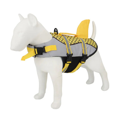 Gilet de sauvetage pour les chiens en forme de requin de couleur jaune et gris. Image produit Boutiquechien