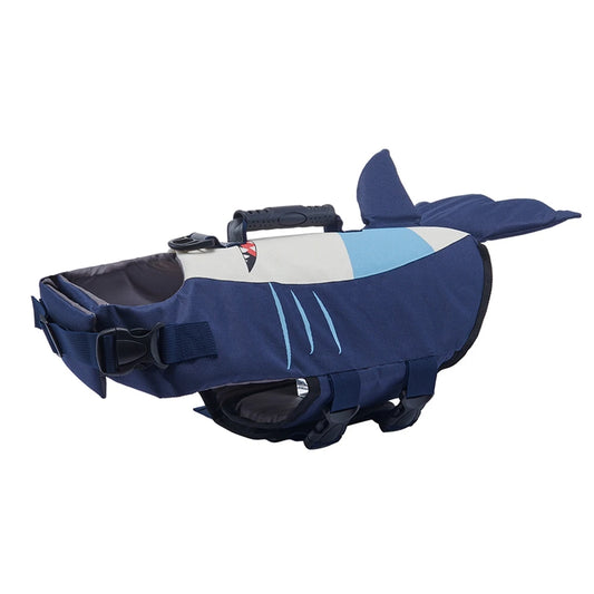 Gilet de sauvetage pour chien de couleur beu avec une forme de requin. Image produit Boutiquechien