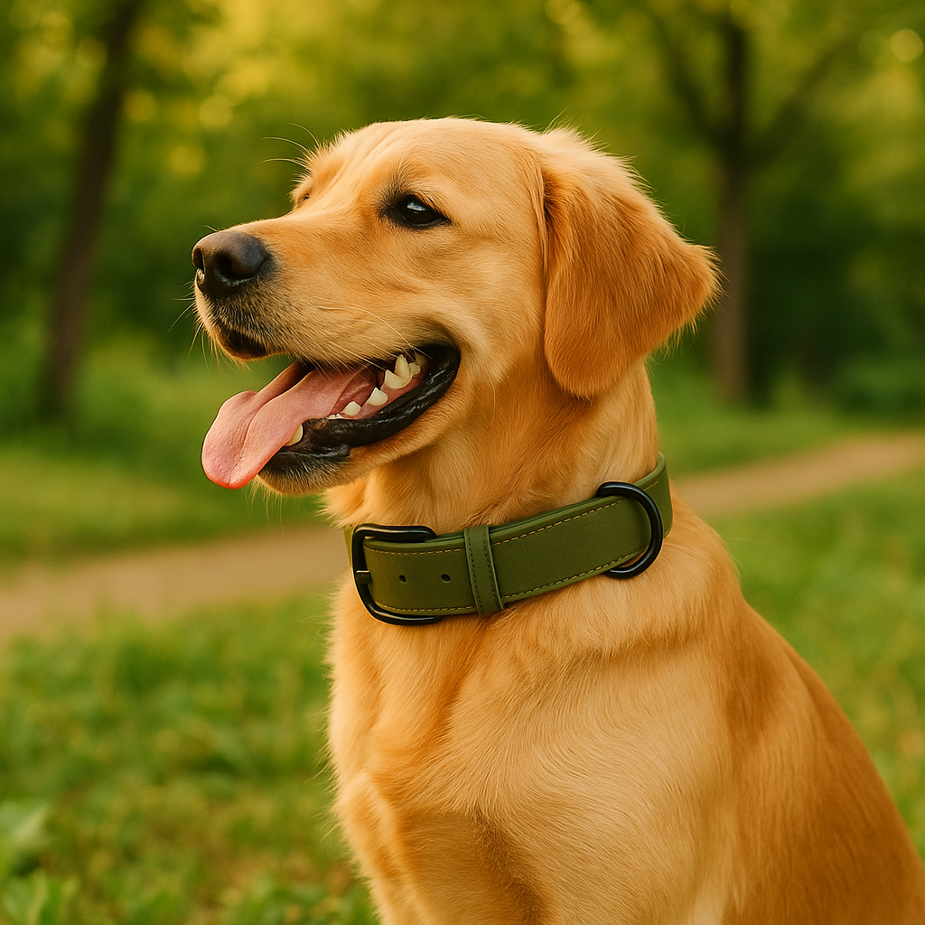 Golden retriever portant un collier chien style cuir de couleur vert. Le chien est assis dans une forêt verte. Image produit Boutiquechien Image