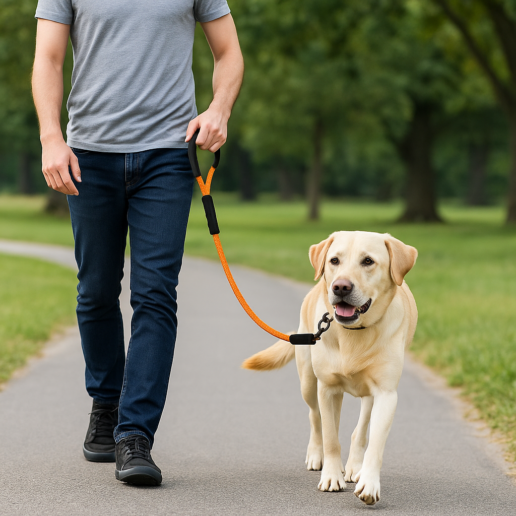 Golden retriever de couleur blanc marchant sur un chemin dans un parc. Image produit Boutiquechien