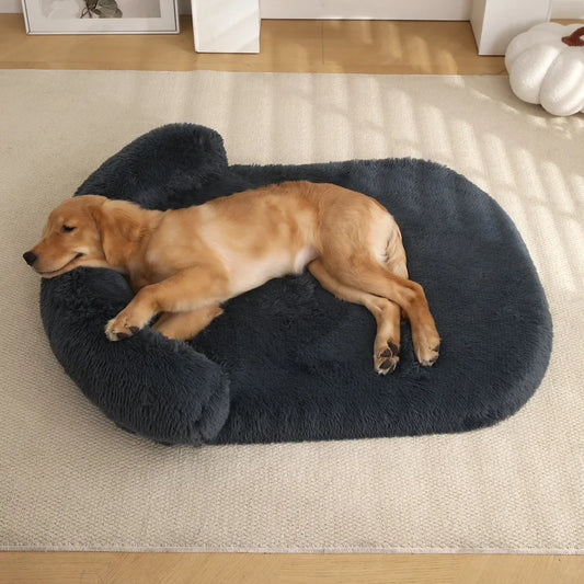 Tapis chien avec oreiller golden retriever burn. Le tapis chien est de couleur noir et possède un oreiller incorporer noir. Me tapis chien est posé dans un salon de couleur claire. Image produit BOutiquechien 