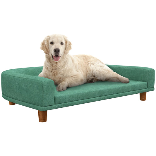 canapé vert long avec un golden retriever blanc dessus. Image produit Boutiquechien