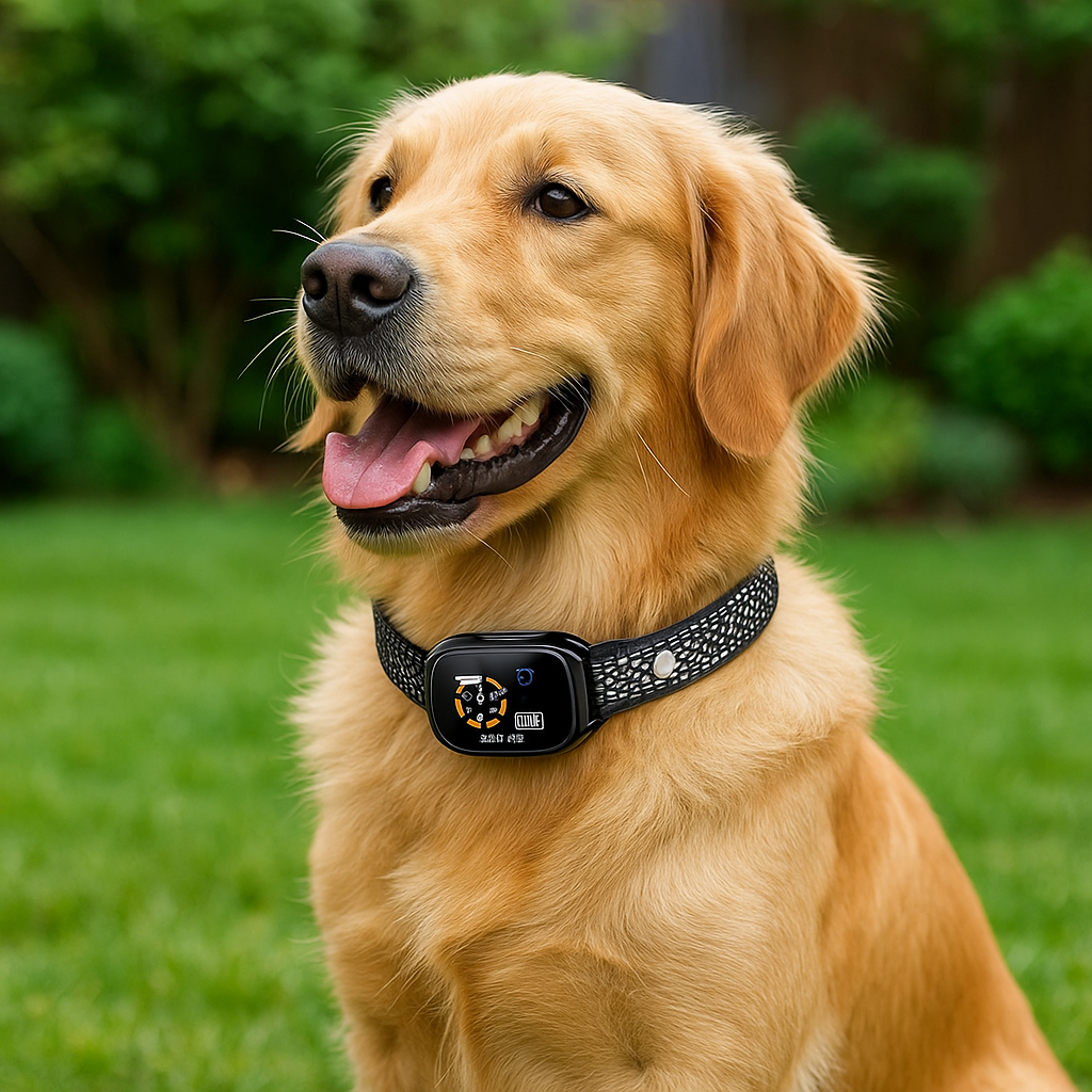 Golden retriever de couleur roux portant un collier chien anti aboiement. Image produit Boutiquechien