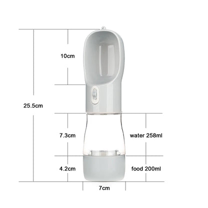 Gourde portable de couleur gris avec toutes les dimensions de la gourde. La gourde fait 25.5cm de long parfait pour un transport facilité. Image produit boutiquechien