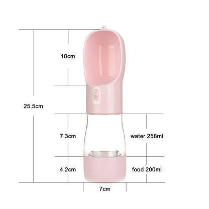 Gourde portable de couleur rose avec toutes les dimensions de la gourde. La gourde fait 25.5cm de long parfait pour un transport facilité. Image produit boutiquechien