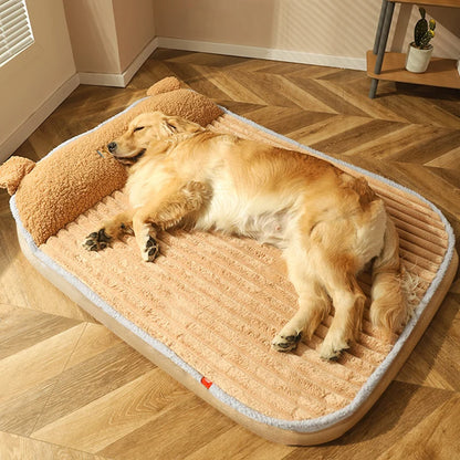 grand chien dormant sur son panier xxl moelleux et doux pour chien. Le grand panier possède une doublure douce sur l'oreiller pour chien de boutiquechien