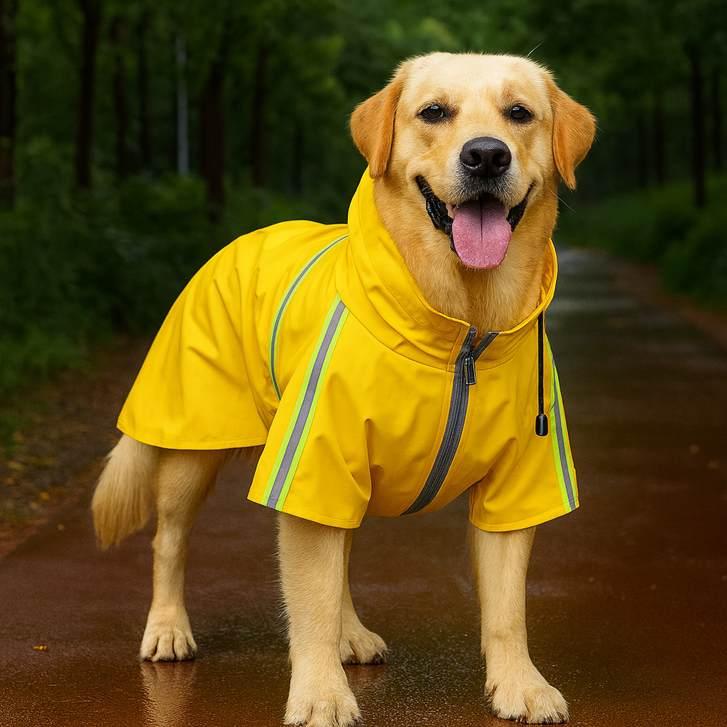 gros chien de couleur blanc portant un imper pour chien de couleur jaune avec des rappels gris dans une forêt. Image produit Boutiquechien